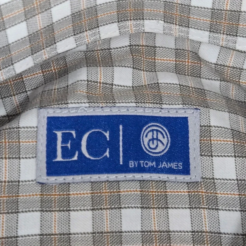 EC by Tom James Button Down Shirt Mens‎ XL Tan Gingham Plaid Long Sleeve Dress